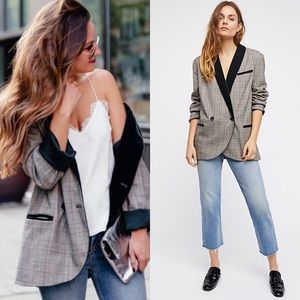 Free People Velvet-Trim Plaid Blazer (like nwot)